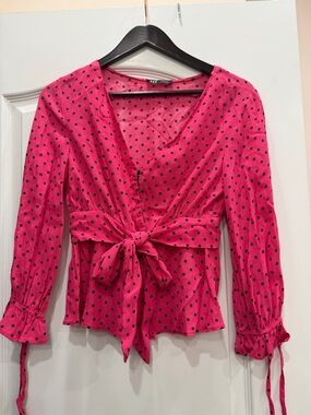 Zara Hot Pink Polka Dot Tie-Waist Blouse